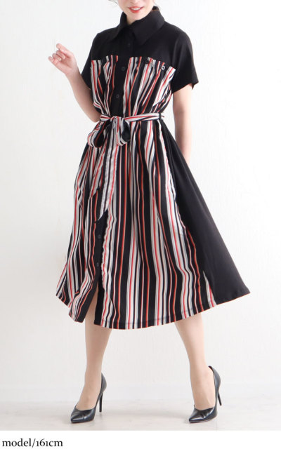 大きいサイズ レディース マルチストライプ柄シャツワンピース