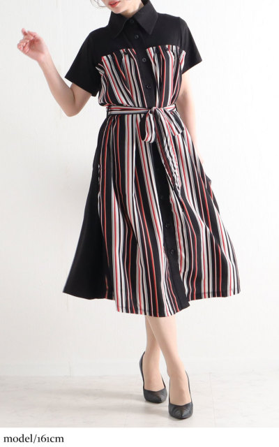 【美品】シビラ マルチストライプ シャツワンピース 半袖 裏地付き セール】 マルチストライプシャツワンピース （ロング・マキシ丈