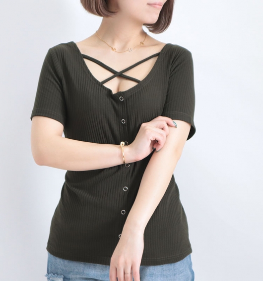 トップス _m 大きいサイズ レディース フロントクロス半袖トップス jp345｜大きい