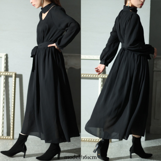 大きいサイズ レディース リボン付き前後2wayシフォンワンピース jp483