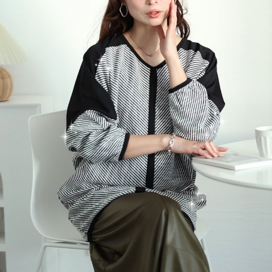 大きいサイズ レディース ヘリンボーン配色切り替えドルマンニット