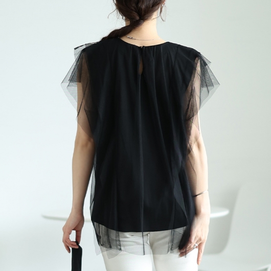 チュールレイヤードプルオーバートップス　チュール　シフォン　ブラック ikka tシャツ チュールレイヤードプルオーバー レディース