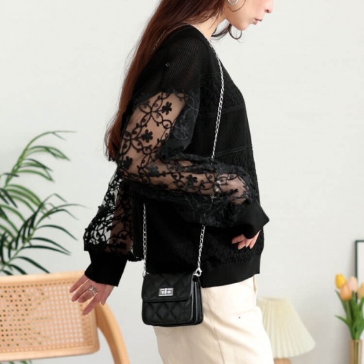 大きいサイズ レディース 花柄刺繍チュール切り替え柄編みニット