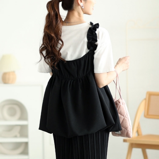 GOLDS♡肩紐ビジュー付き♡サテン×シフォン♡ラッフルフリルキャミ