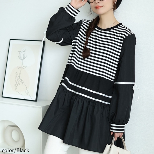極美品 L オレボレブラ アルベロベロ 七分袖チュニック 黒 ボーダー ワッペン 極美品 L オレボレブラ アルベロベロ 七分袖チュニック 黒