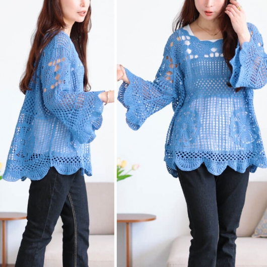 エスカーダ●極美品●ジュエリー柄 コットンニット リブジップブルゾン 手洗い可 手洗い可】オーガンジー刺しゅうニットトップス