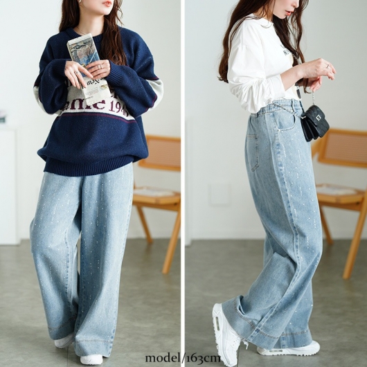 大きいサイズ レディース ラインストーンワイドデニムパンツ jp552
