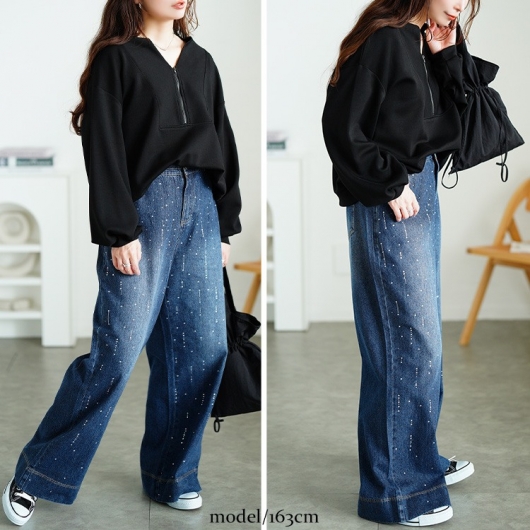大きいサイズ レディース ラインストーンワイドデニムパンツ