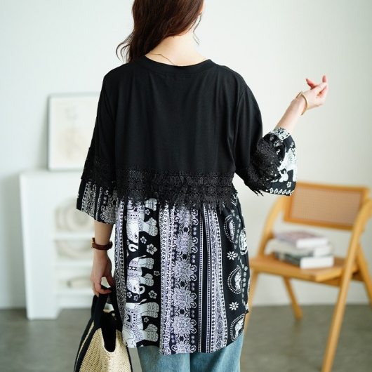 新品【ゴールドレイク】横プリーツチュニック　白黒ボーダー　花柄　ビーズ付き 318-32276-1.jpg