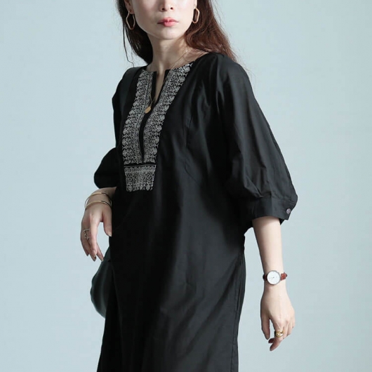 大きいサイズ レディース エスニック刺繍キーネックインド綿ワンピース