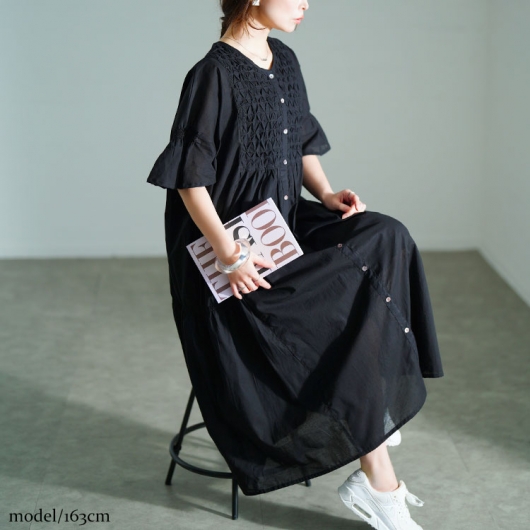 大きいサイズ レディース スモッキング刺繍ロングシャツ