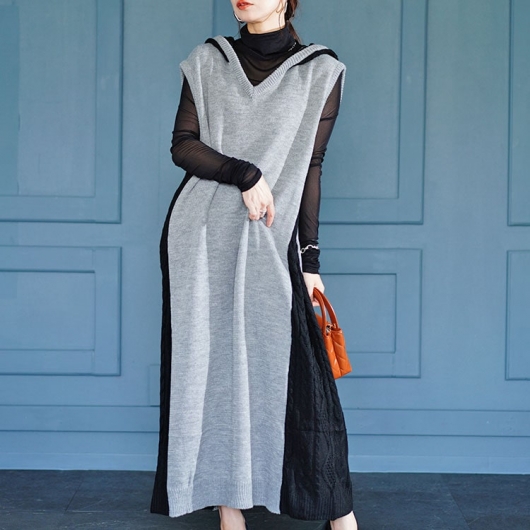 大きいサイズ レディース 配色ニットノースリーブパーカーワンピース