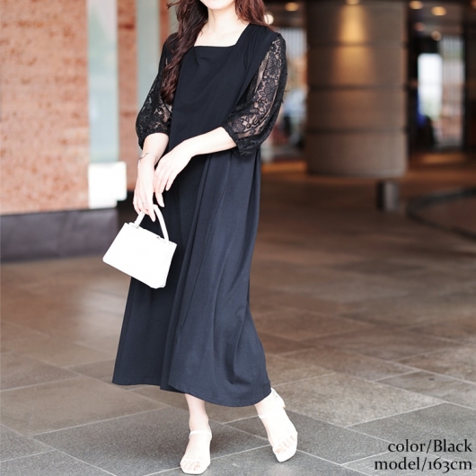 【NEW限定品】 K.T七分袖透け感コットンレースワンピースブラックレース ワンピース