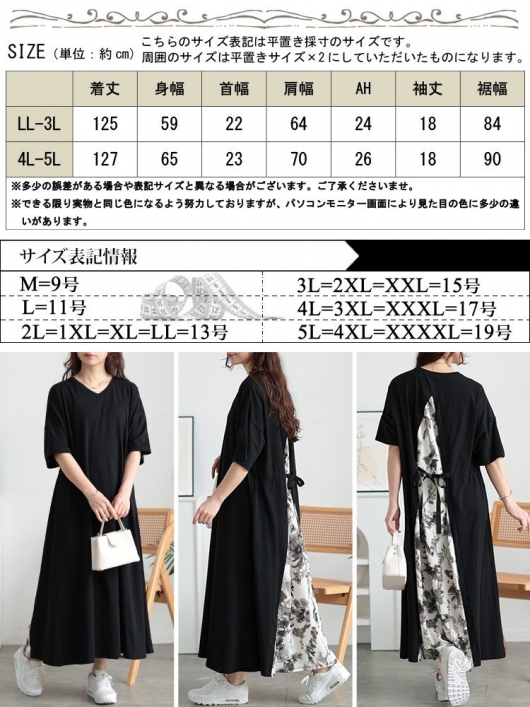 大きいサイズ レディース 接触冷感後ろ花柄切り替えワンピース