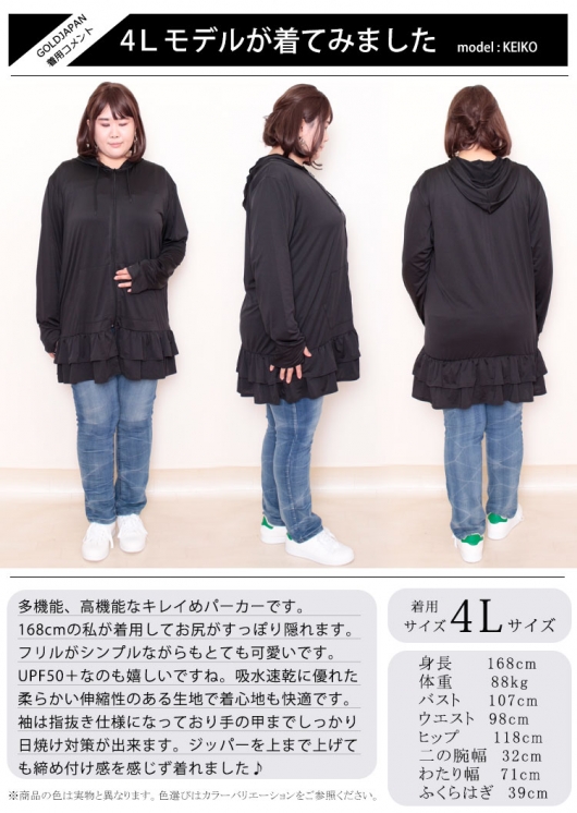大きいサイズ レディース UVカット＆吸水速乾ラッシュガード裾フリル