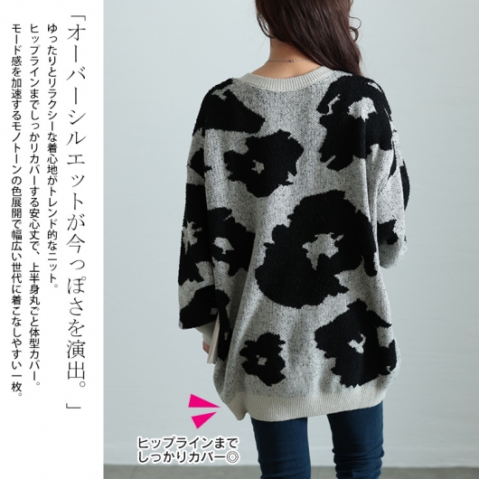 大きいサイズ レディース 配色Vネックヒョウ柄ワイドニット maru-20005