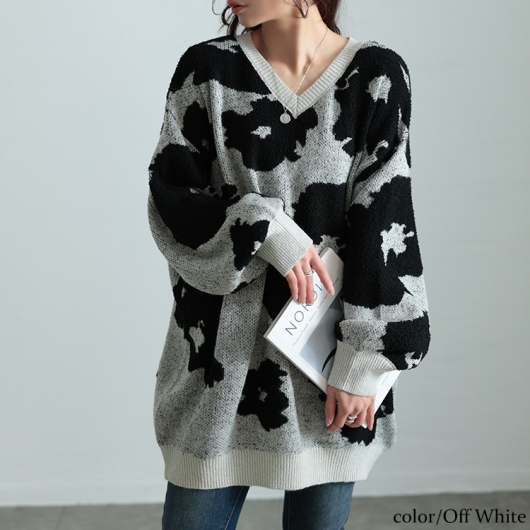 大きいサイズ レディース 配色Vネックヒョウ柄ワイドニット maru-20005