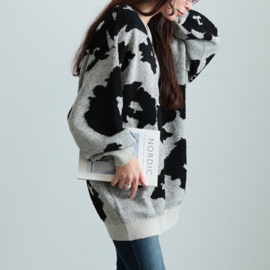 大きいサイズ レディース 配色Vネックヒョウ柄ワイドニット maru-20005