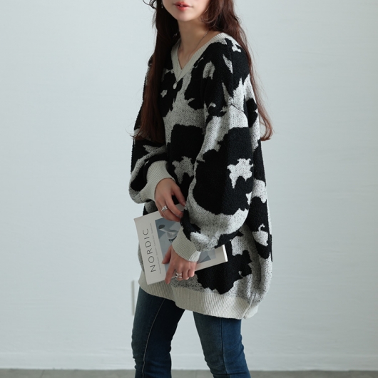 BALMAIN ヒョウ柄 Vネック 長袖ニット 大きいサイズ レディース 配色Vネックヒョウ柄ワイドニット maru-20005