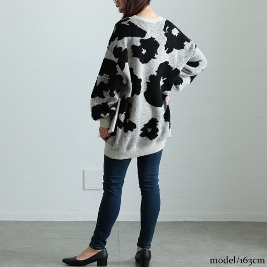 大きいサイズ レディース 配色Vネックヒョウ柄ワイドニット maru-20005