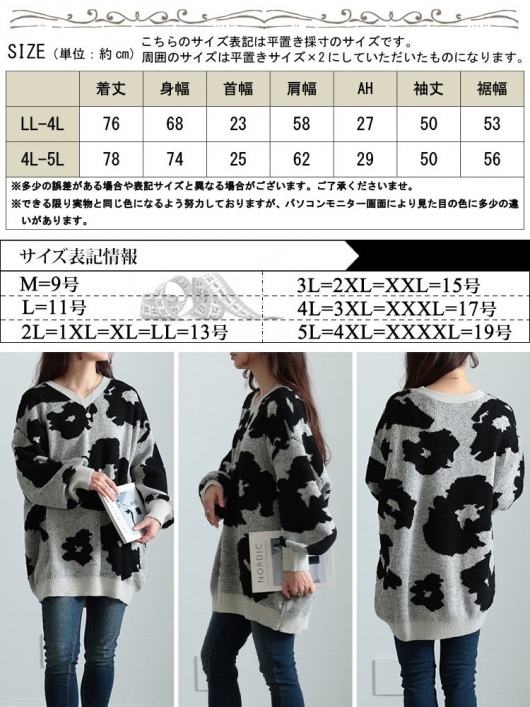 大きいサイズ レディース 配色Vネックヒョウ柄ワイドニット maru 大きいサイズ レディース 配色Vネックヒョウ柄ワイドニット maru