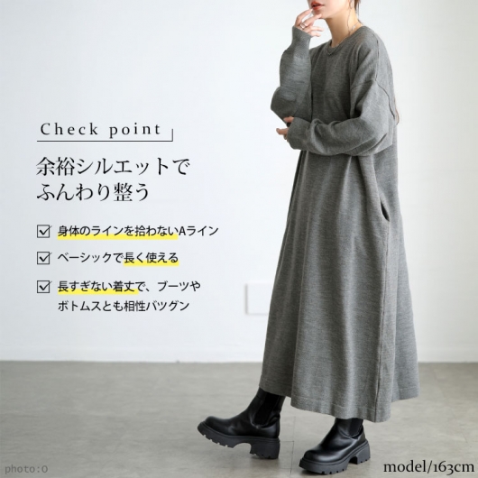 大きいサイズ レディース ラウンドネックAラインニットワンピース maru