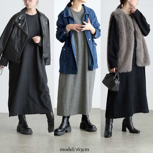 大きいサイズ レディース ラウンドネックAラインニットワンピース maru