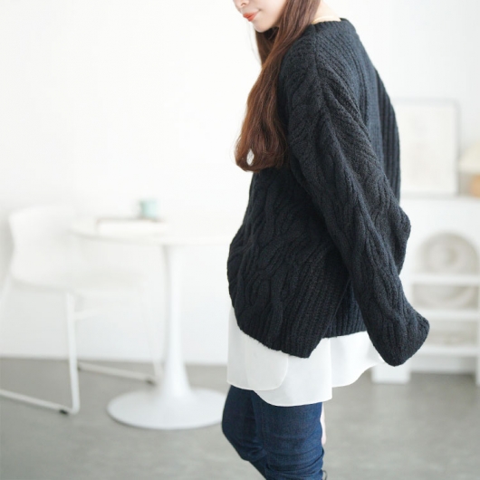 ブラック ケープスタイル ニット シャツカラードッキングケーブルニット | NATURAL BEAUTY BASIC
