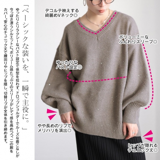 大きいサイズ レディース ボリューム袖スパンコールニットチュニック