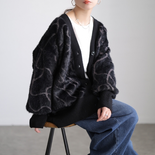 大きいサイズ レディース ライン柄シャギーニットカーディガン maru