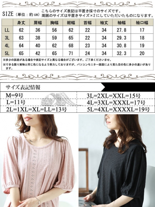 大きいサイズ レディース 刺繍レースパフスリーブプルオーバー