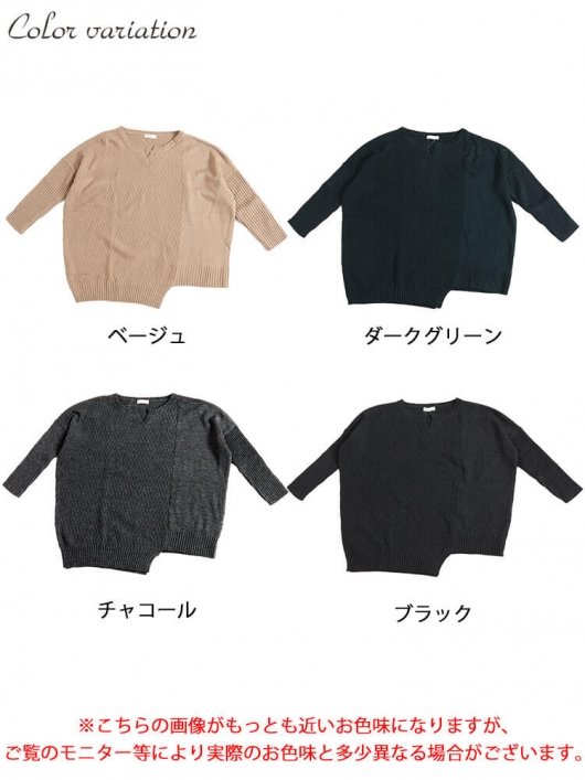 大きいサイズ レディース 編地切替キーネックドルマンニット