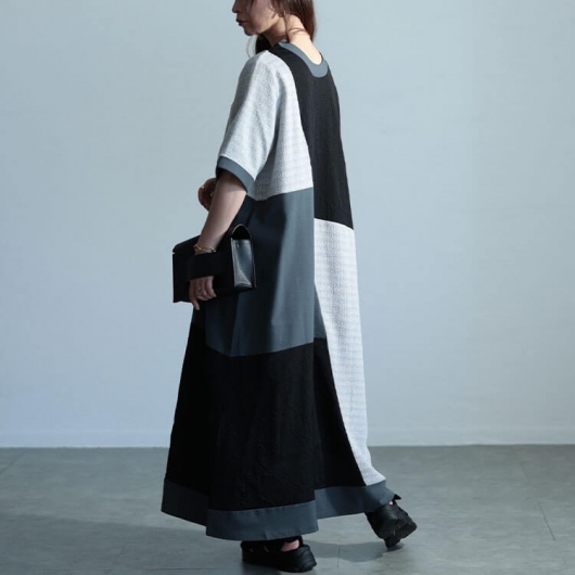 大きいサイズ レディース 前後2way異素材Aラインワンピース maru-30038