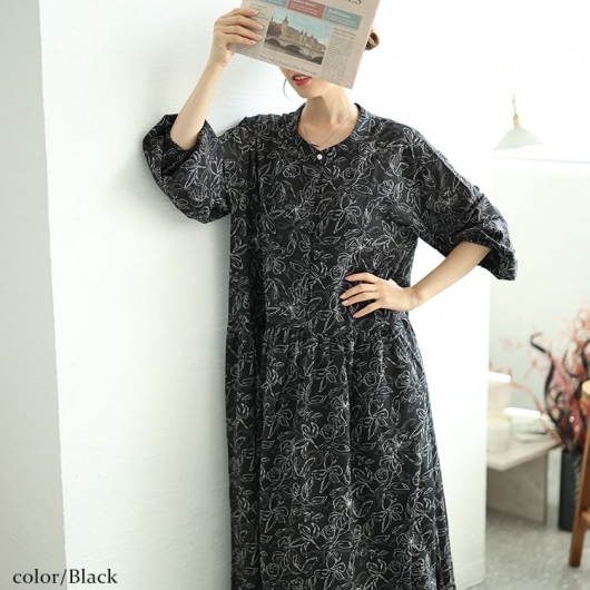 大きいサイズ レディース ギャザー切り替え花柄マキシワンピース maru