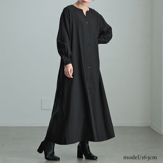 大きいサイズ レディース バックプリーツキーネックシャツワンピース