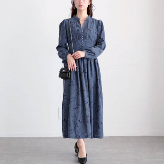 大きいサイズ レディース ウエスト切り替えピンタック花柄ワンピース