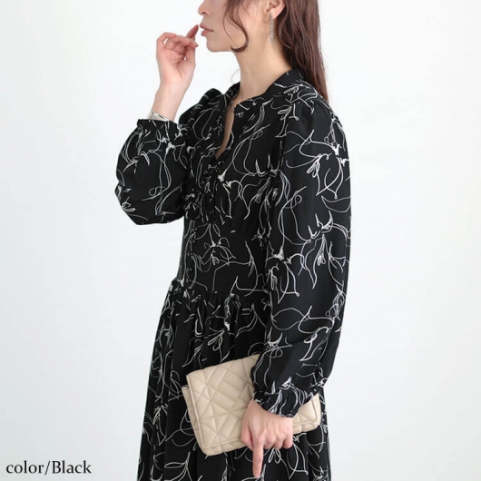 大きいサイズ レディース ウエスト切り替えピンタック花柄ワンピース