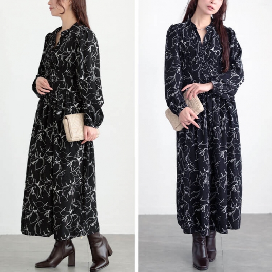 大きいサイズ レディース ウエスト切り替えピンタック花柄ワンピース