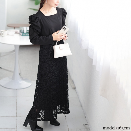 冬新作 大きいサイズ レディース ワンピース 刺繍チュール切り替えパワショルワンピース ワンピ ロングワンピース 長袖 ロング パワショル 刺繍 レース 花レース 花モチーフ ドッキング 切り替え スクエアネック 冬 春服 秋服 LL 2L 3L 4L 5L ブラック 黒 ゴールドジャパン 大きいサイズ レディース 刺繍チュール切り替えパワショルワンピース