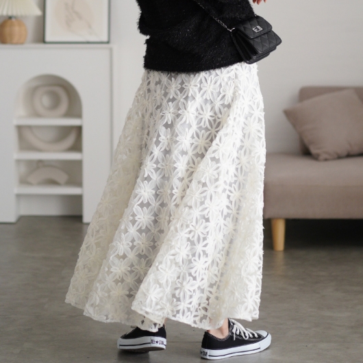 大きいサイズ レディース リボン刺繍チュールフレアスカート maru