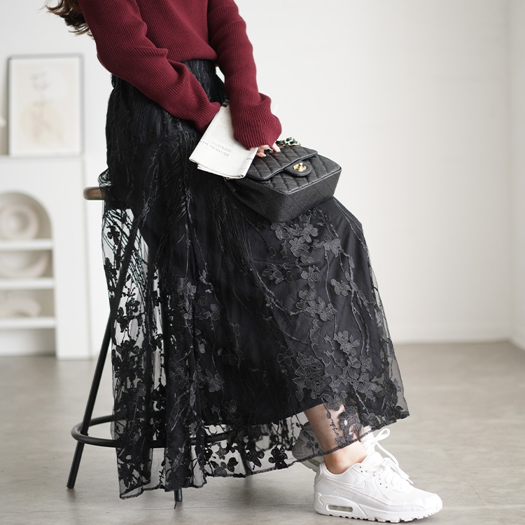 大きいサイズ レディース 花柄刺繍チュールフレアスカート maru-30101