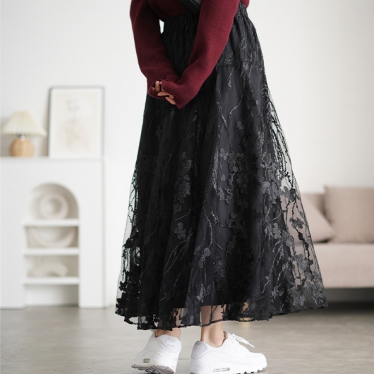 大きいサイズ レディース 花柄刺繍チュールフレアスカート maru