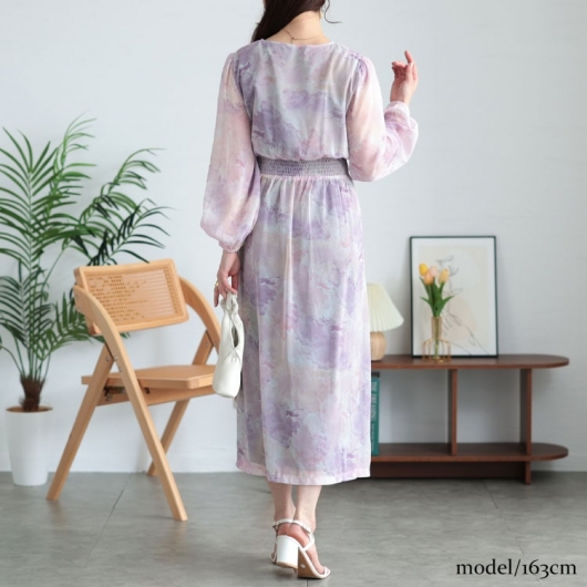 カラ-シフォンワンピース*3色*追跡送料込 大きいサイズ レディース ニュアンス柄ウエスト切り替えシフォン
