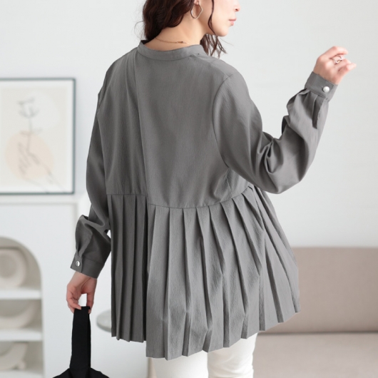 大きいサイズ レディース プリーツ切り替えキーネックチュニック