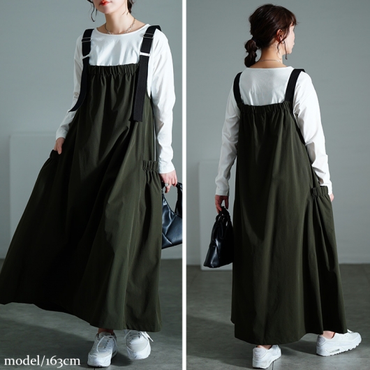 大きいサイズ レディース 軽量ストレッチマキシジャンパースカート