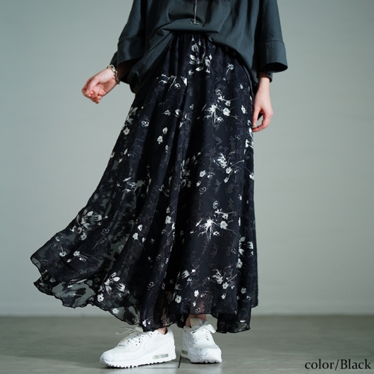 大きいサイズ レディース 花柄シフォンジャガードフレアスカート