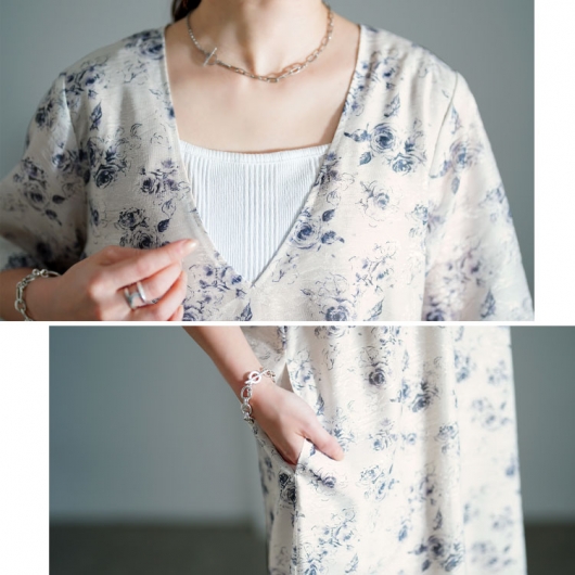 大きいサイズ レディース 花柄シフォンジャガード深Vネック