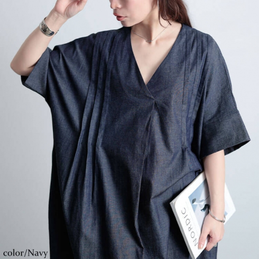 大きいサイズ レディース コットンシャンブレータックワンピース