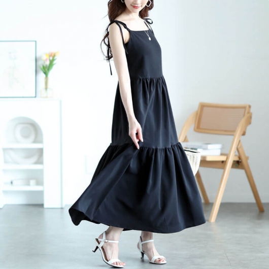 大きいサイズ レディース 肩リボンティアードキャミワンピース maru