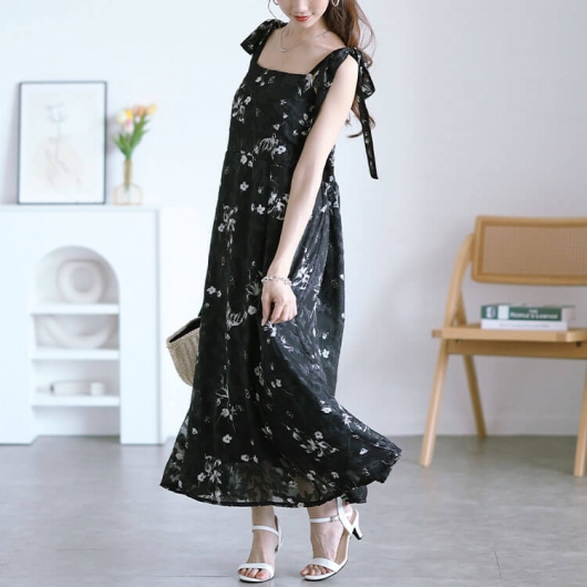 MAX MARA 花柄　シルク　キャミソールワンピース　黒　44サイズ Vネック マキシ丈 ストラップ シルクキャミワンピース